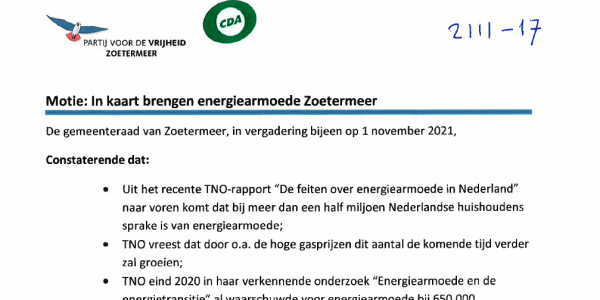 PVV-motie ''In kaart brengen energiearmoede Zoetermeer'' aangenomen!